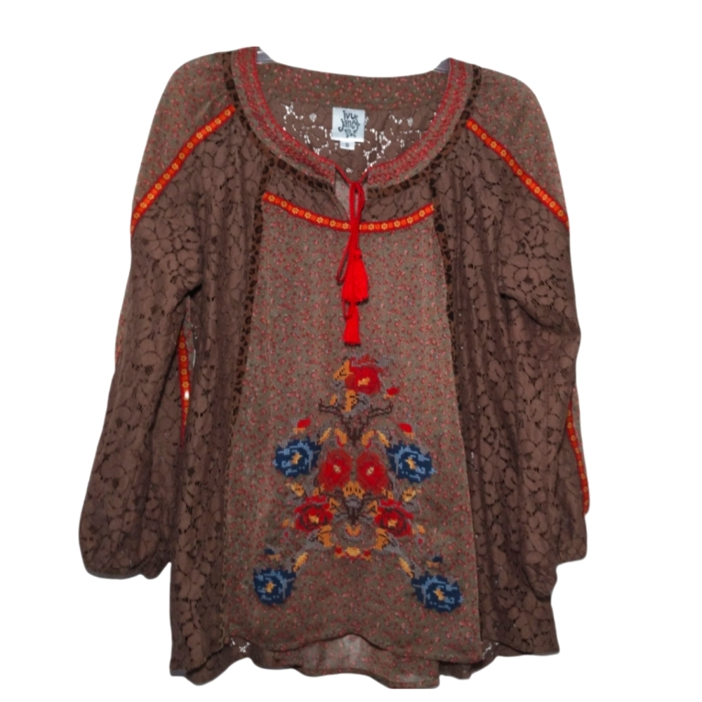 Ivy Jane Brown Lace Embroidered Flowy Boho Top Small